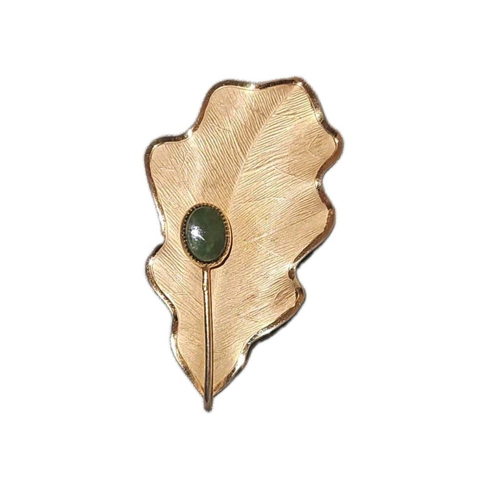 Vintage Rolyn Inc 1/20 12K GF Gold Filled Textured Oak Leaf Green Stone Brooch